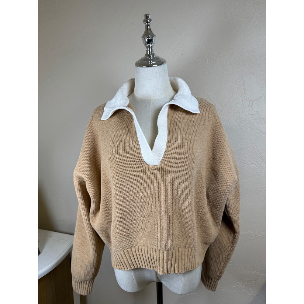 Abercrombie & Fitch Tan Ribbed Polo Collar Slouchy V-Neck Sweater Womens Medium